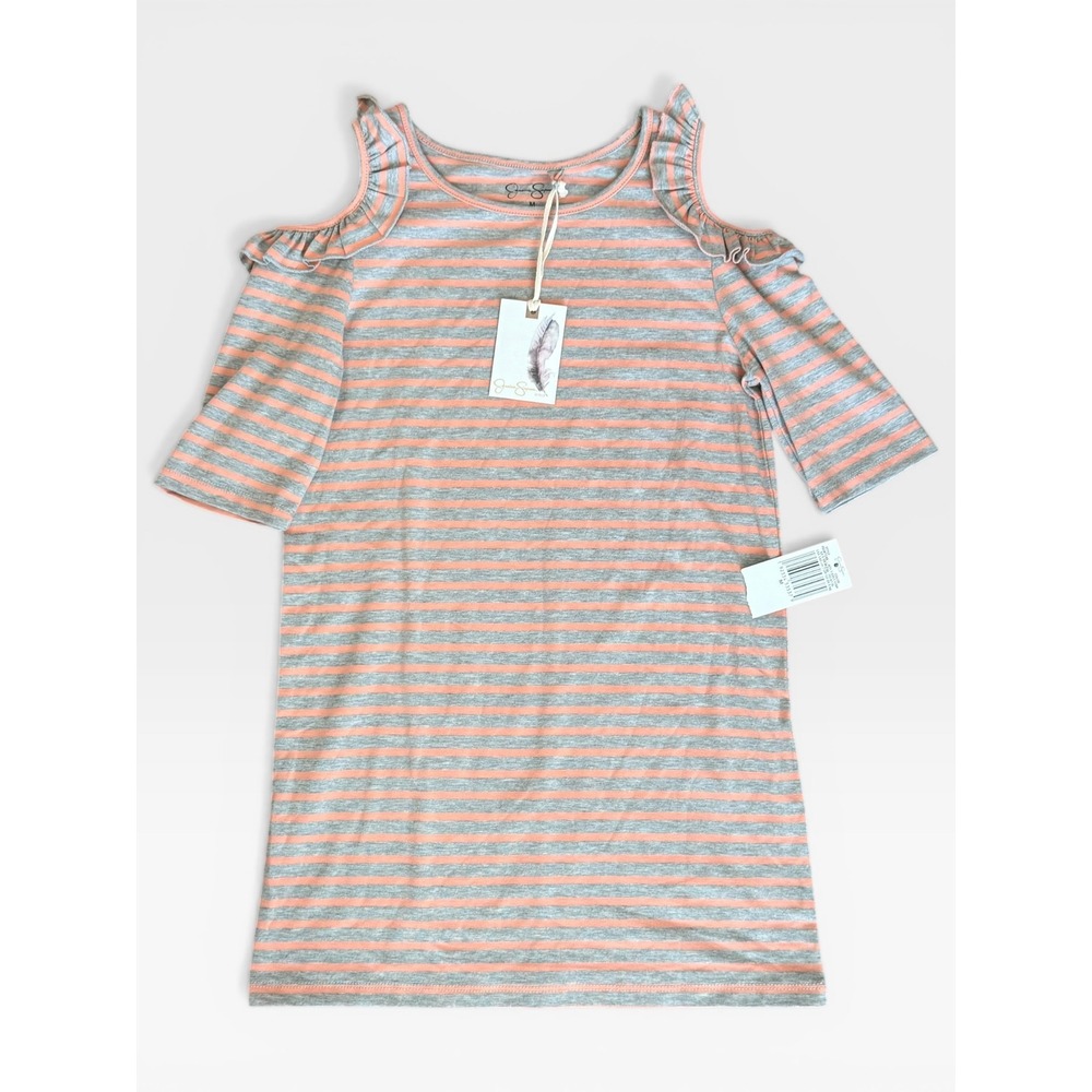 Jessica Simpson Girls Grey Peach Striped Cold Shoulder Ruffle Top‎ Size M